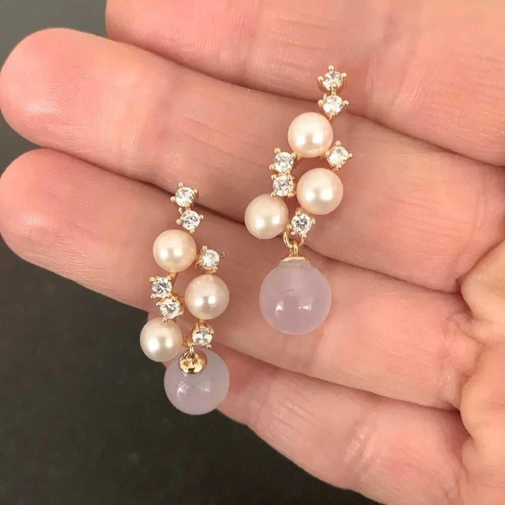 Purple Chalcedony & Freshwater Pearl Drop Earrings Gold Tone